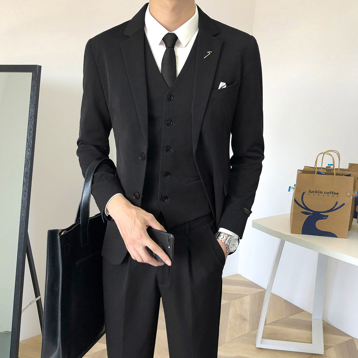 KOREAN VERSION SUIT SUIT MENS THREE-PIECE SLIM GROOMS WEDDING BRITISH CASUAL HANDSOME FORMAL SUIT HIGH-END SUIT MEN
