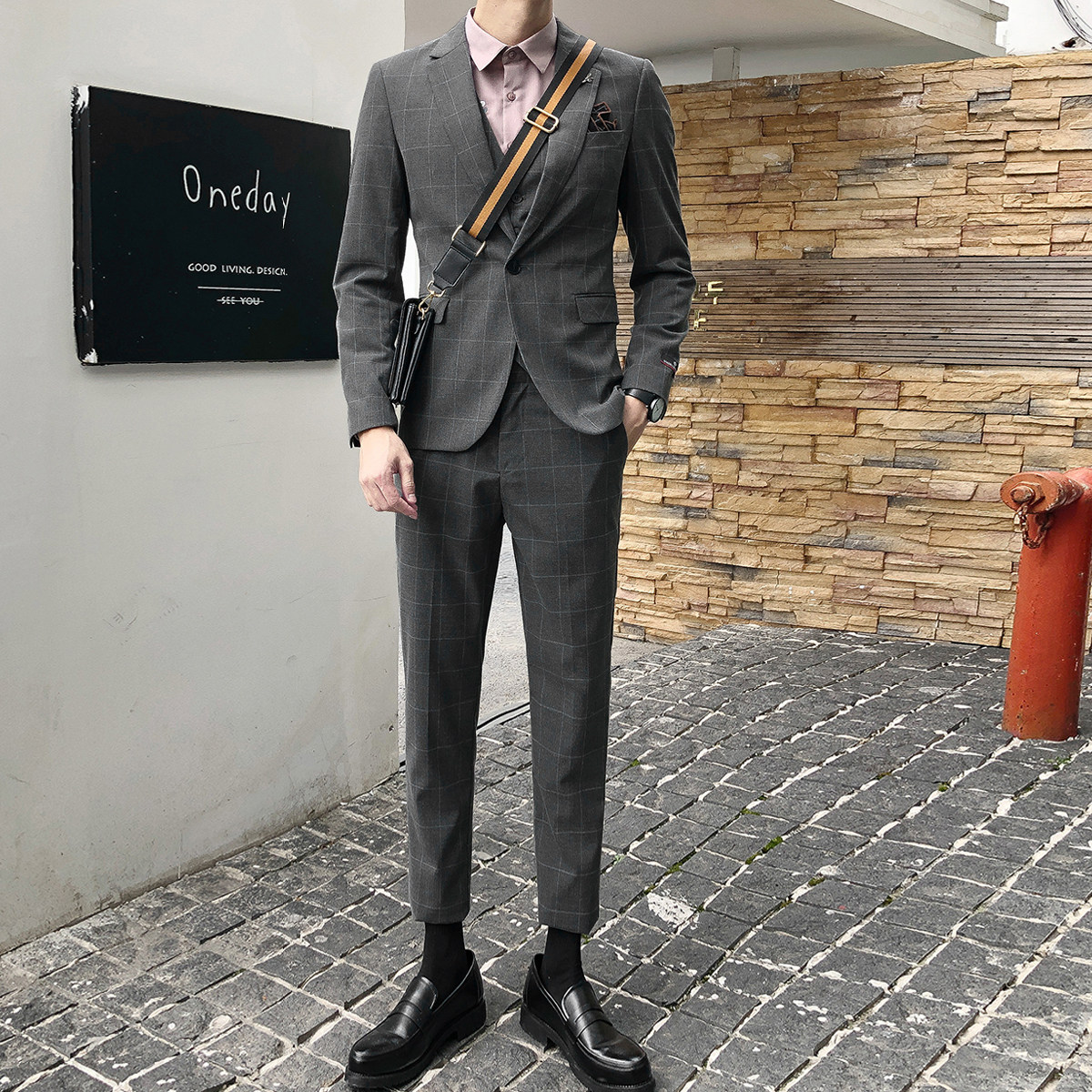 SUIT SUIT MENS SLIM PLAID CASUAL BRITISH STYLE GROOMSMAN WEDDING GIFT KOREAN VERSION SUIT VEST THREE-PIECE SET