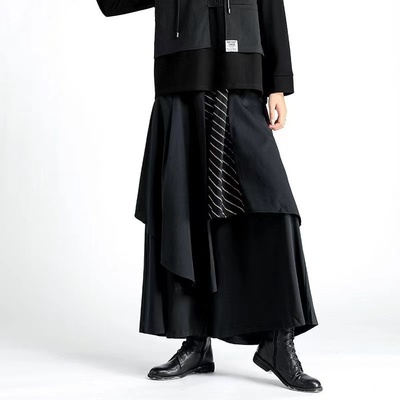 山本耀司暗黑风裙裤垂坠感阔腿裤男武士裤条纹直筒裤ins潮发型师