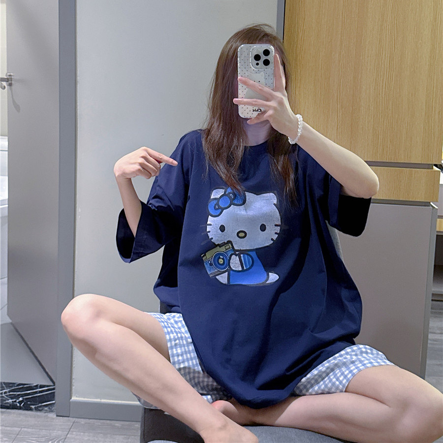 日系短袖睡衣女夏纯棉可爱猫咪家居服宽松大码200斤格子短裤套装