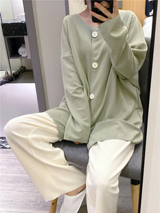 日系简约长袖 可外穿 睡衣女春秋针织棉家居服大码 胖mm200斤套装