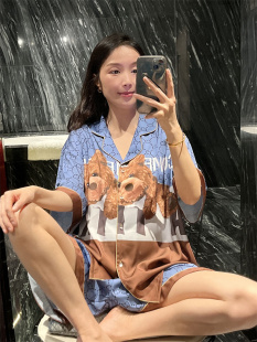 夏 网红ins短袖 情侣睡衣薄款 冰丝可爱小熊家居服大码 200斤丝绸套装