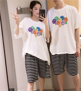 夏 网红ins慵懒短袖 情侣睡衣薄款 纯棉笑脸家居服宽松大码 200斤套装