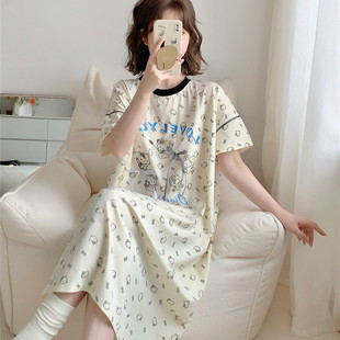日系短袖 胖mm200斤睡衣 睡裙女夏薄款 纯棉可爱猫咪印花家居服大码