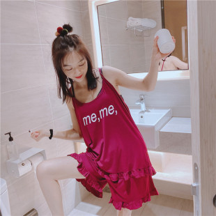 小性感吊带睡衣女夏薄款 莫代尔字母印花家居服大码 胖mm200斤套装