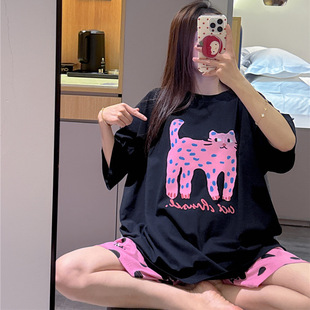 套装 胖mm200斤波点短裤 睡衣女夏纯棉趣味猫咪印花家居服大码 短袖
