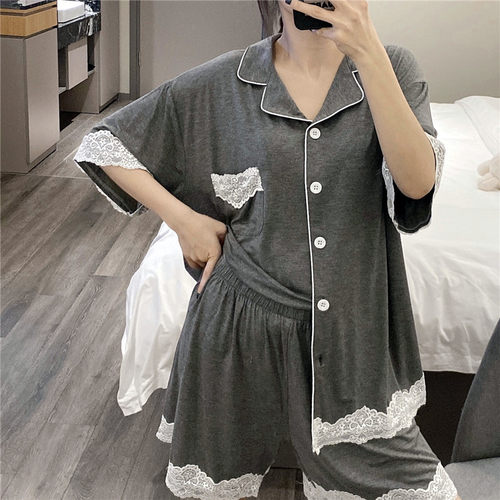 日系短袖睡衣女夏天花边家居服