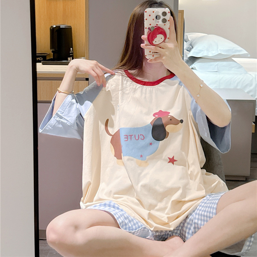 日系短袖睡衣女夏卡通小狗印花家居服大码胖mm200斤格子短裤套装