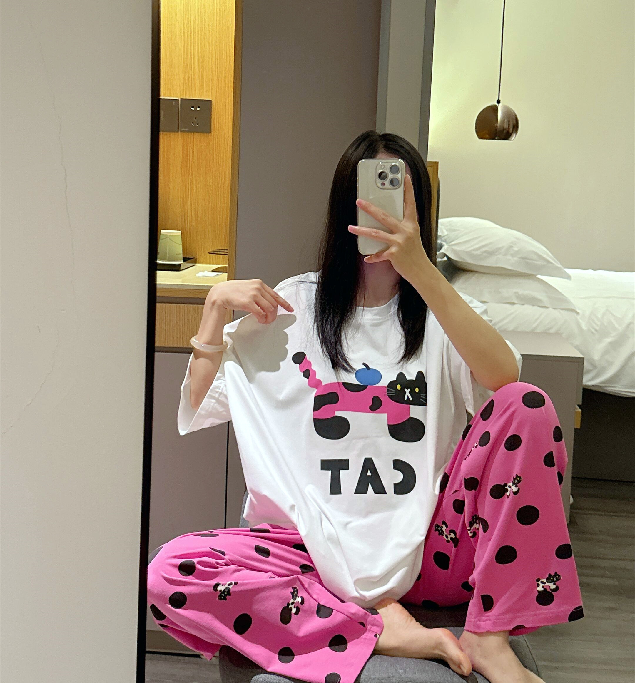 日系短袖睡衣女夏甜美可爱猫咪印花家居服大码200斤波点长裤套装