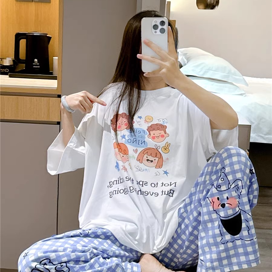 短袖睡衣女夏纯棉可爱卡通娃娃家居服大码胖mm200斤格子长裤套装
