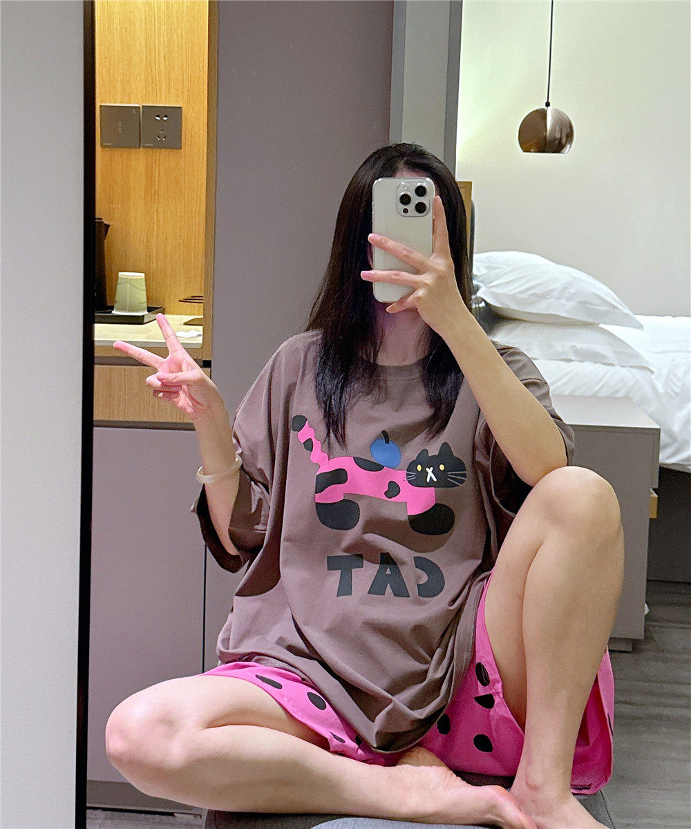 短袖睡衣女夏薄款纯棉甜美可爱猫咪印花家居服大码200斤波点套装