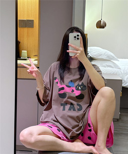 短袖睡衣女夏薄款纯棉甜美可爱猫咪印花家居服大码200斤波点套装