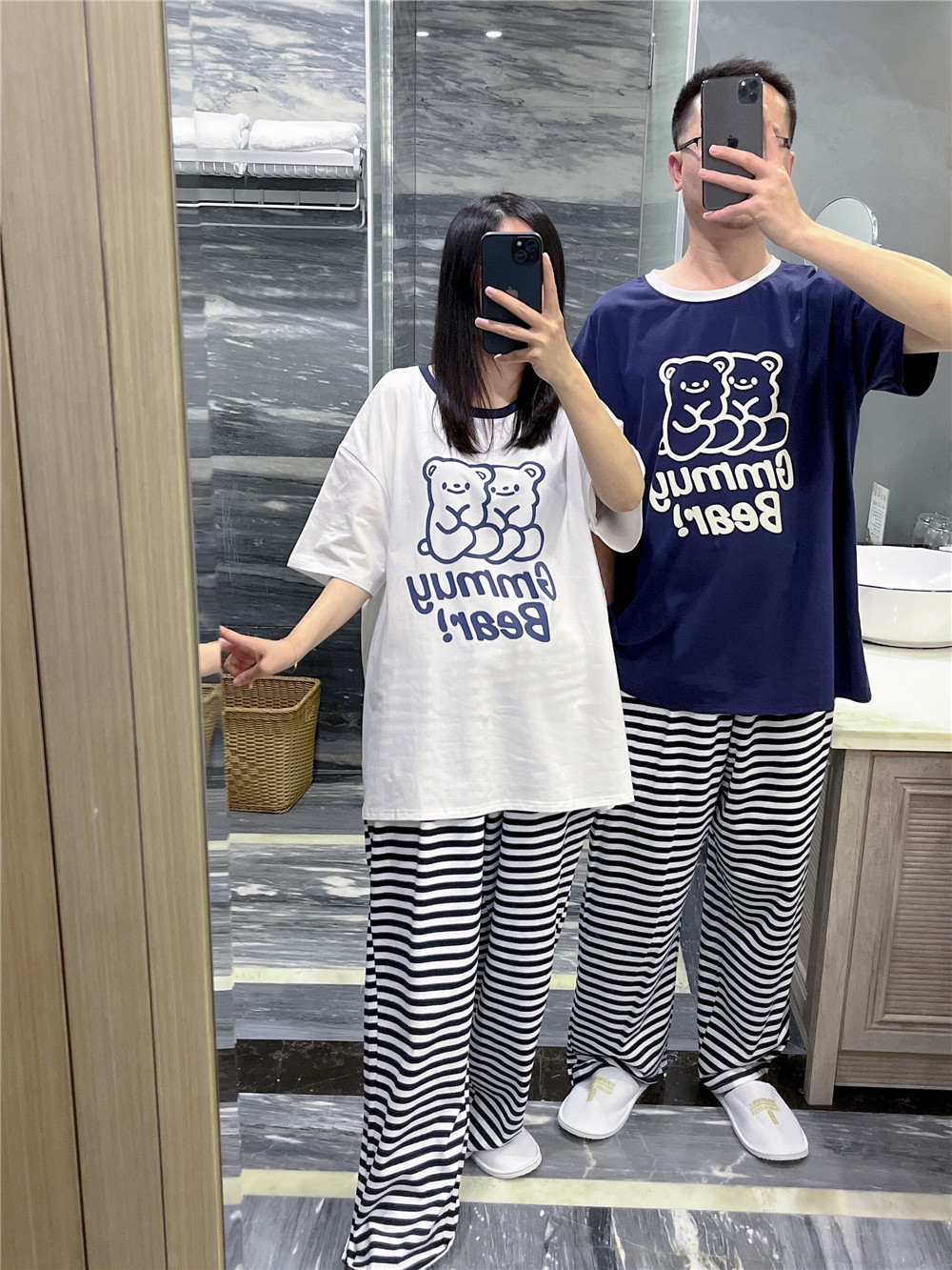 短袖睡衣200斤细条纹长裤套装夏