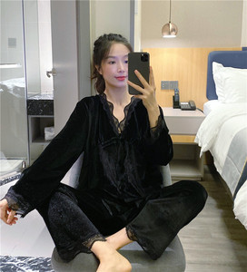 韩版开衫睡衣女秋冬奢华性感V领金丝绒家居服大码胖mm200斤套装春