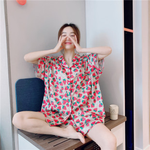 网红ins慵懒风短袖 丝绸睡衣女夏薄款 冰丝草莓家居服大码 200斤套装