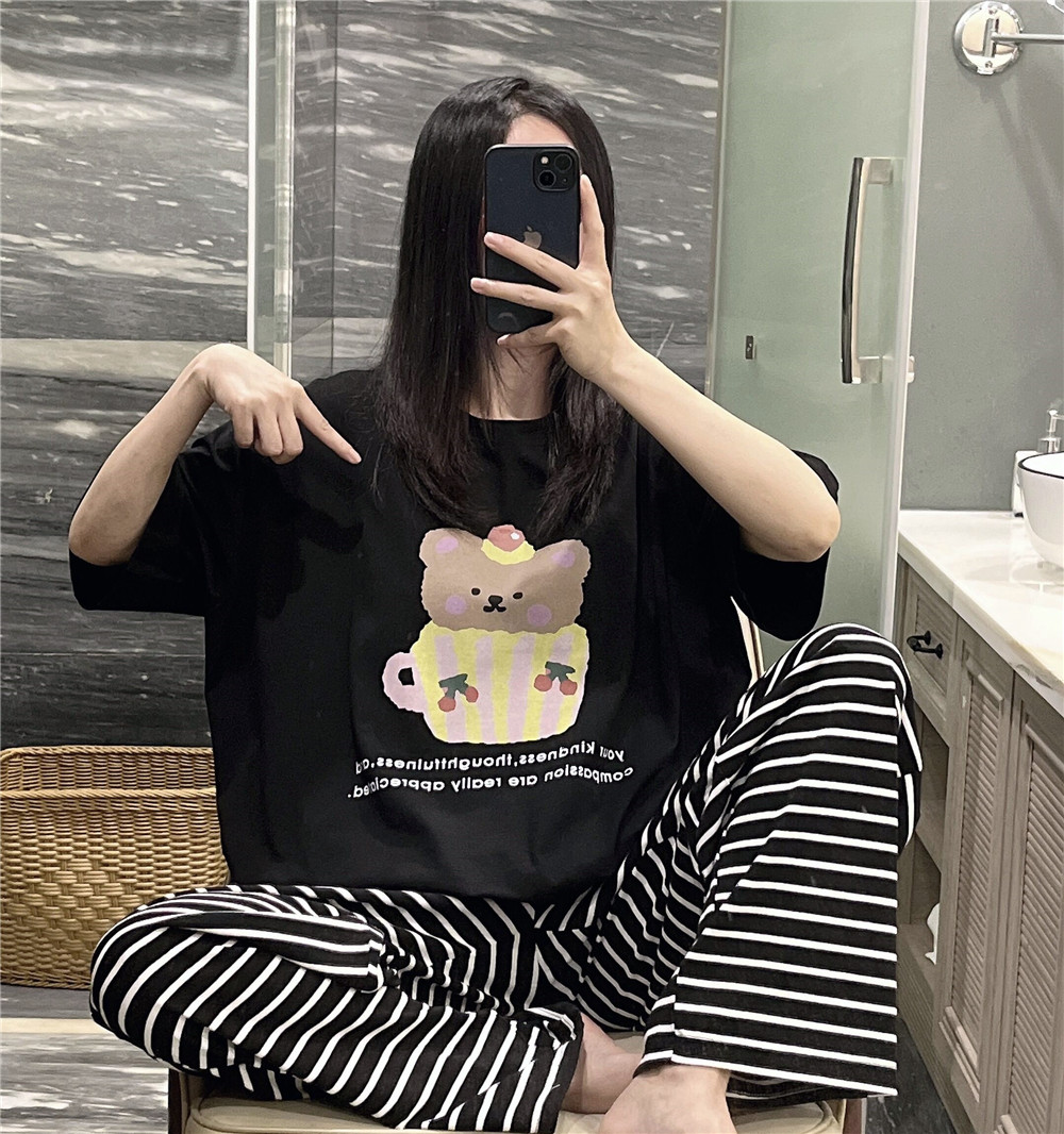 日系短袖睡衣女夏可爱樱桃茶杯小熊印花家居服大码胖mm200斤套装