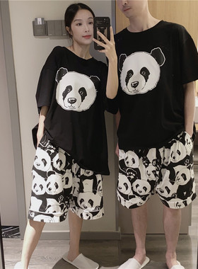 韩版短袖短裤情侣睡衣夏天薄款纯棉熊猫宽松大码200斤家居服套装
