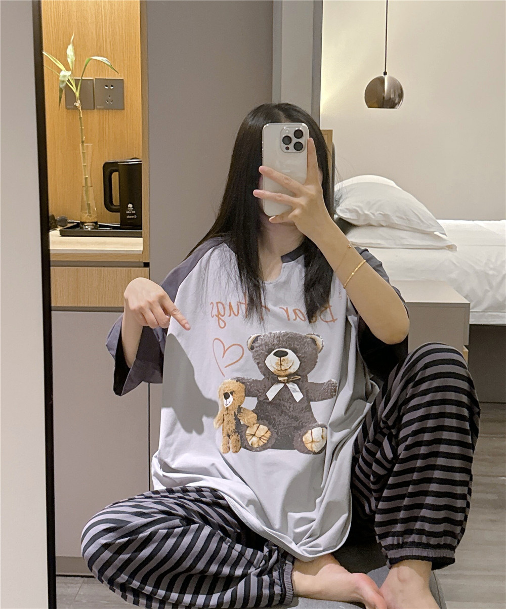 短袖睡衣女夏甜美可爱卡通小熊家居服大码胖mm200斤条纹长裤套装,女士内衣/男士内衣/家居服,睡衣/家居服套装,淘宝优惠券,粉丝福利购,淘宝优惠卷