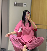 套装 春夏睡衣女纯棉可爱小熊印花家居服大码 胖mm200斤格子长裤