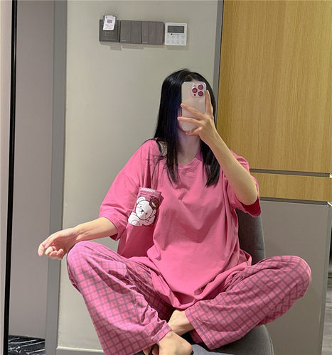 春夏睡衣女纯棉可爱小熊印花家居服大码胖mm200斤格子长裤套装