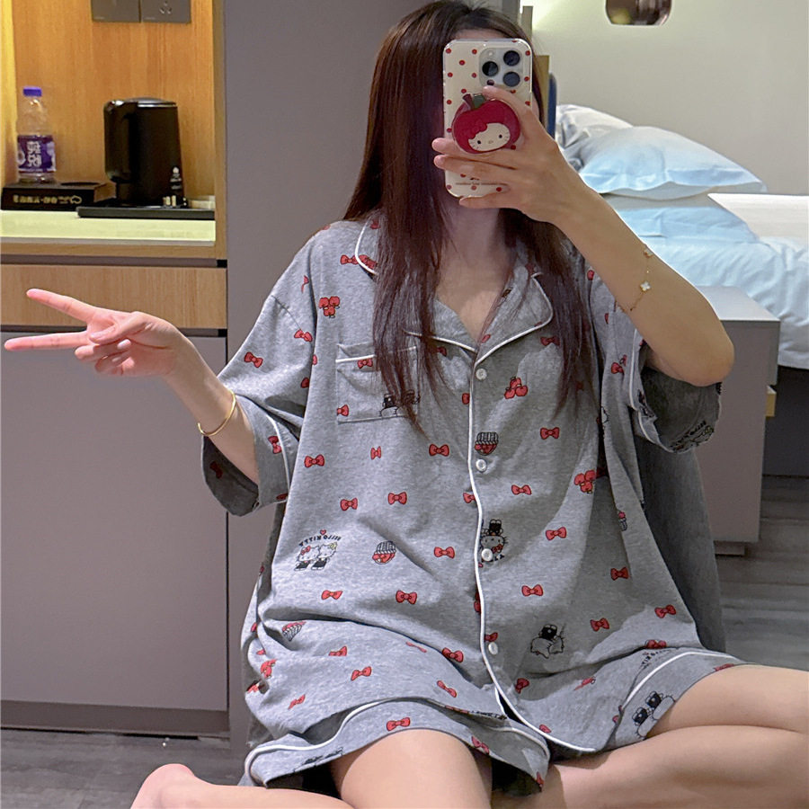 短袖睡衣女薄款纯棉可爱卡通猫咪蝴蝶结印花家居服大码200斤套装