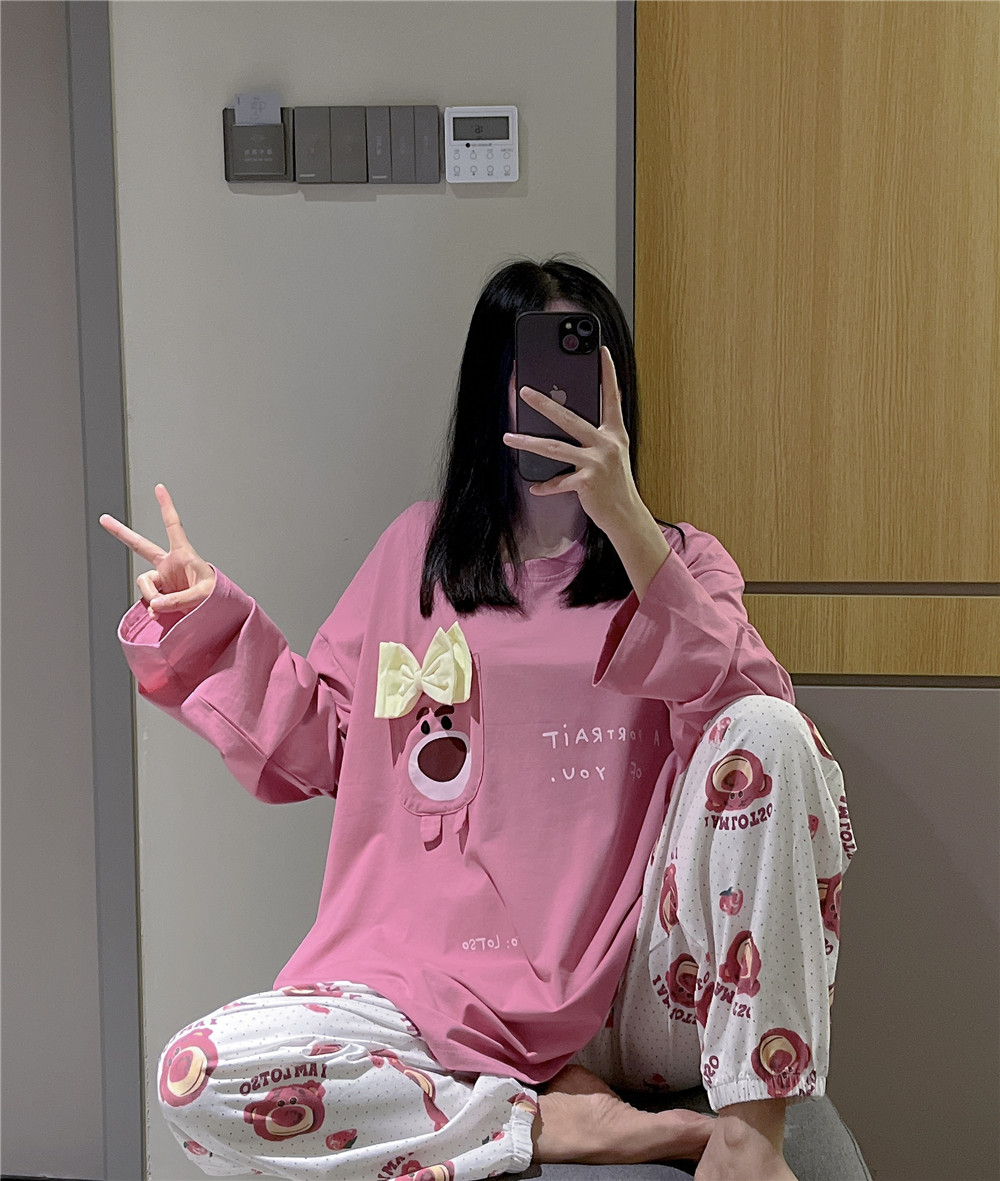 长袖睡衣女草莓熊大码200斤套装