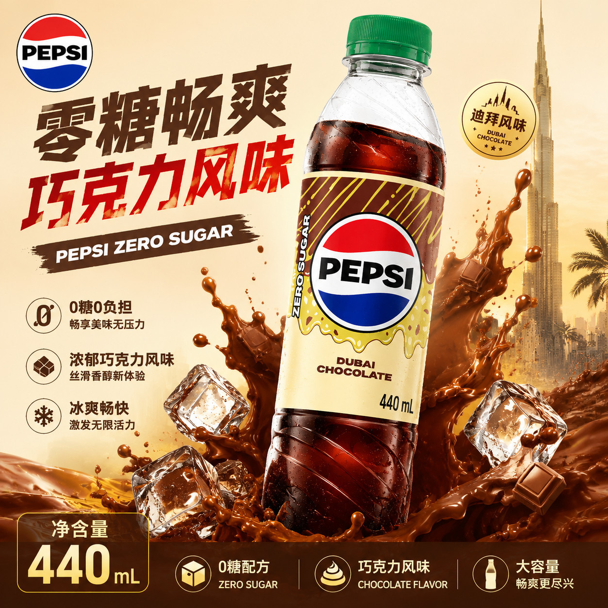 泰国迪拜巧克力百事440ml无糖款