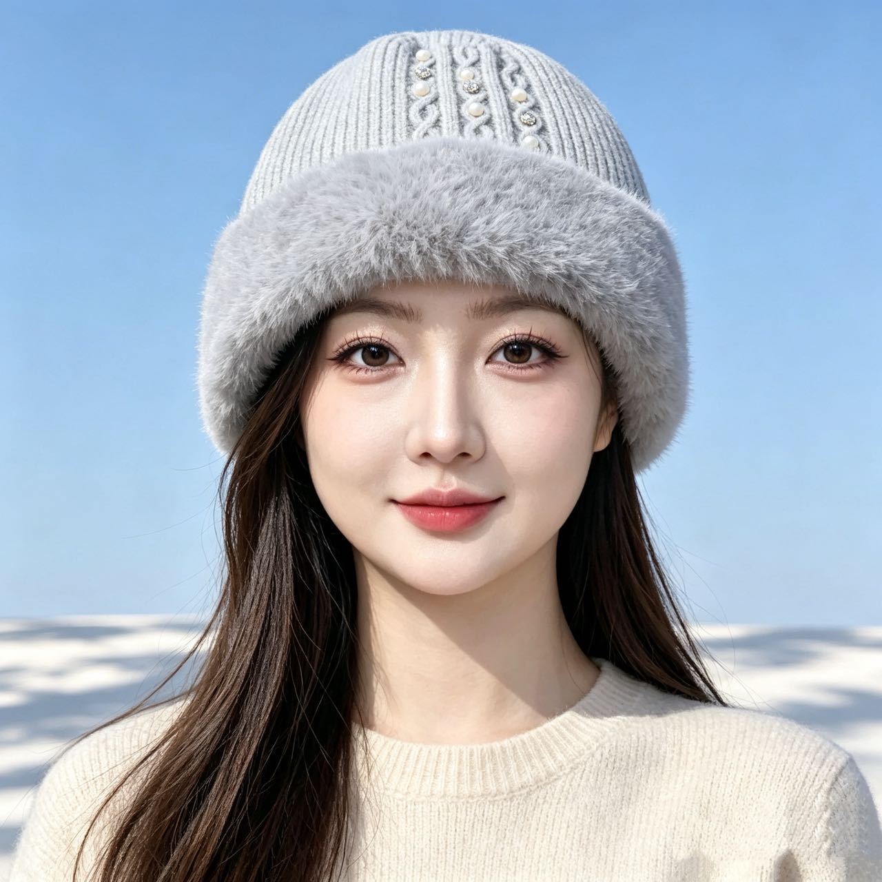秋冬毛茸茸针织加厚套头帽女2026新款冬季保暖护耳毛绒帽子吊球帽