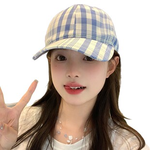 2026新款小清新蓝色格子鸭舌帽子春夏季韩版百搭显脸小遮阳棒球帽