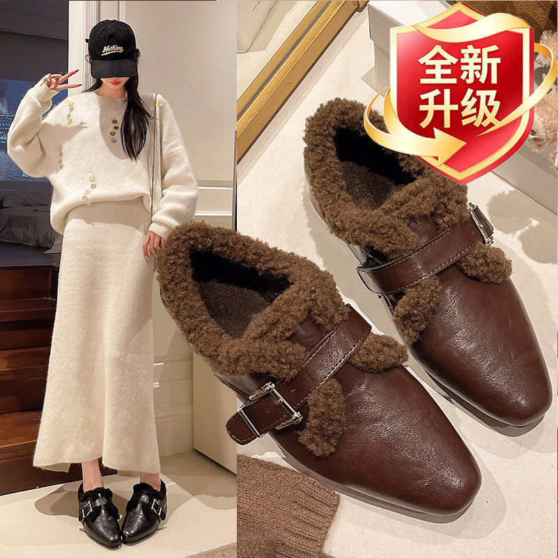 复古加绒毛毛鞋女2026冬季新乐福鞋（豆豆鞋）