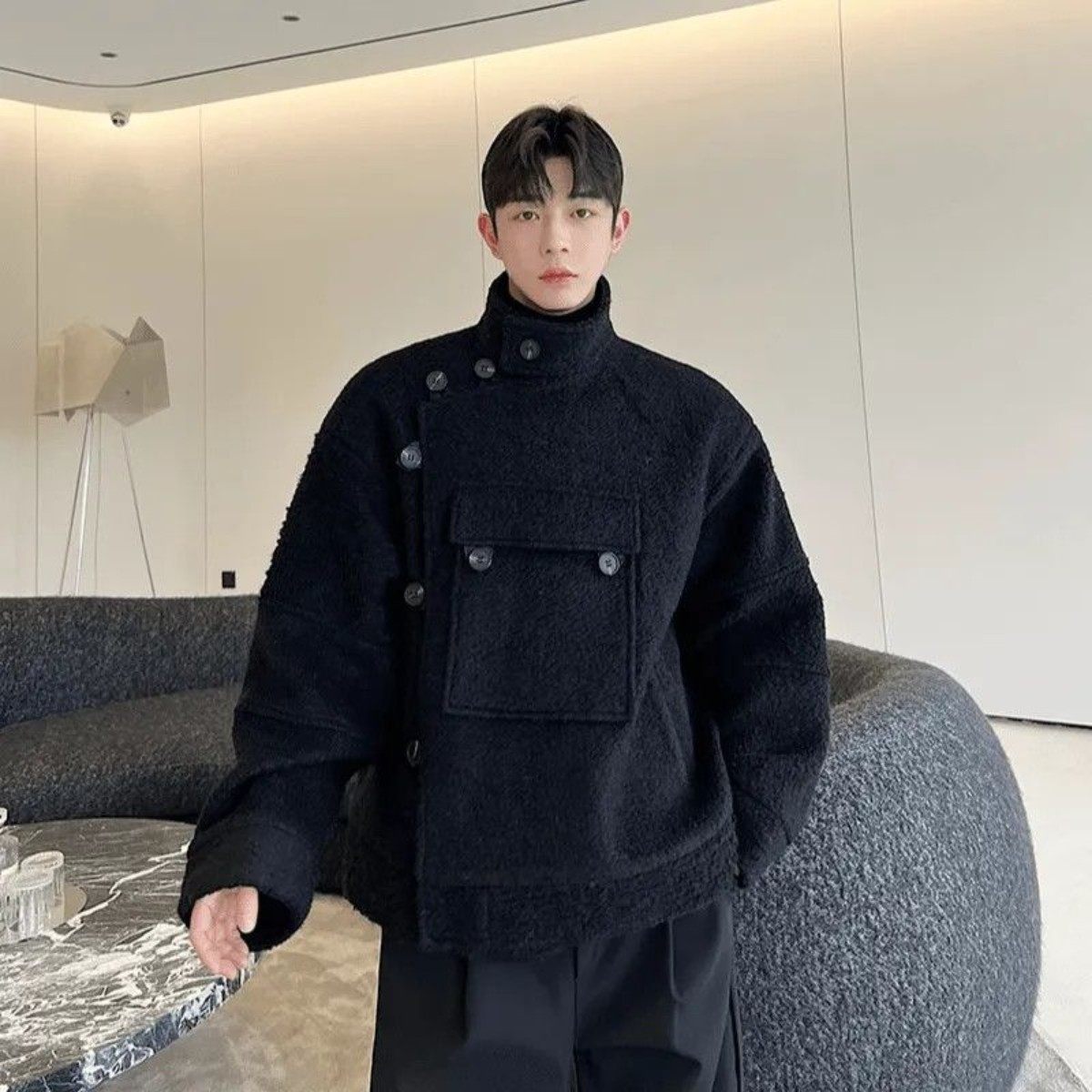 加厚冬季韩国毛小众斜扣设计感痞帅风衣呢子男秋冬季外套帅气百搭,男装,毛呢大衣,淘宝优惠券,粉丝福利购,淘宝优惠卷
