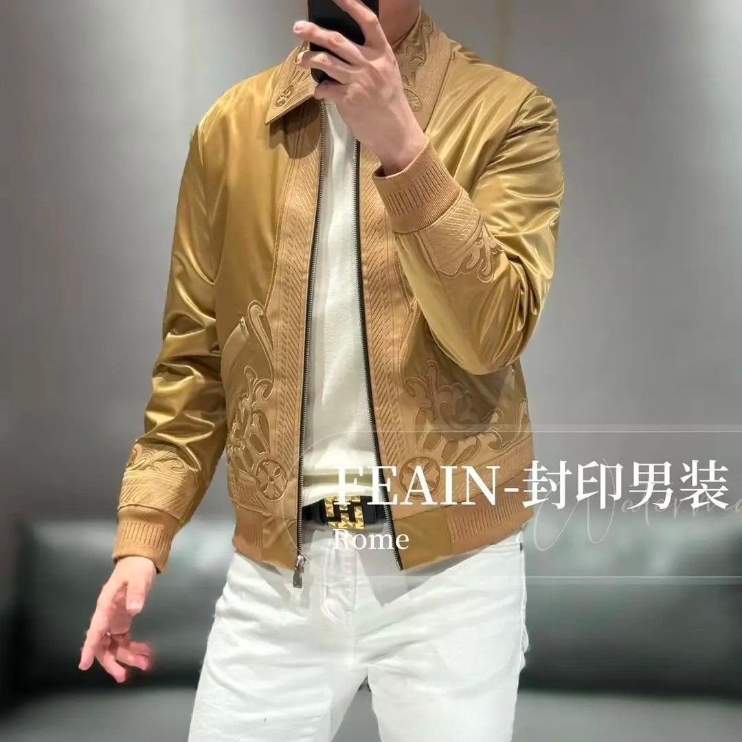 春秋新款重工刺绣翻领夹克男潮流外套百搭休闲时尚品质男士外套