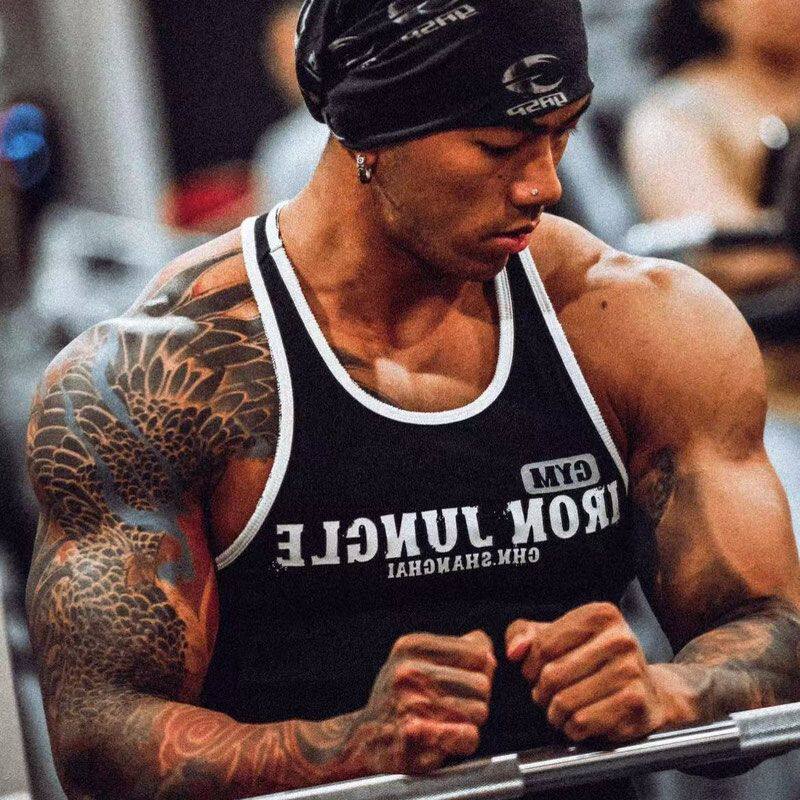 美式IRON JUNGLE印花健身背心男夏季紧身弹力无袖T恤训练运动坎肩