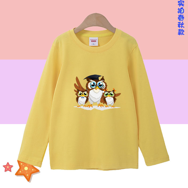 男童长袖T恤学生春秋季 儿童 猫头鹰衣服 女童宝宝春装上衣棉t