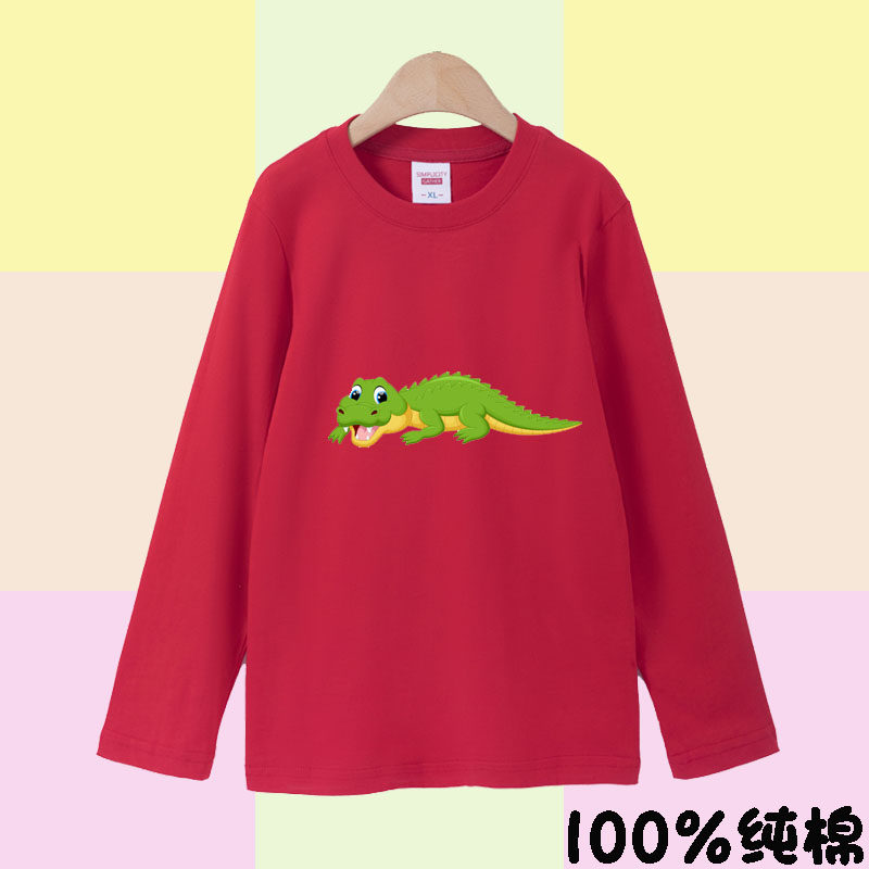 小鱼女春装新款男童鳄鱼衣服图案纯棉圆领长袖T恤儿童上衣
