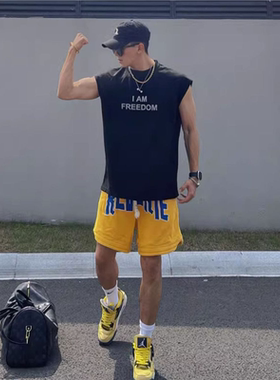 黑色小袖口健身背心显肌肉美式重磅纯棉无袖男t恤夏季坎肩上衣
