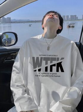 纯棉长袖t恤男内搭打底衫秋衣青少年男装百搭宽松潮流印花圆领ins