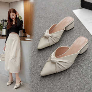 女外穿中跟粗跟百搭凉拖鞋 包头半拖鞋 新款 真皮蝴蝶结半拖2025夏季