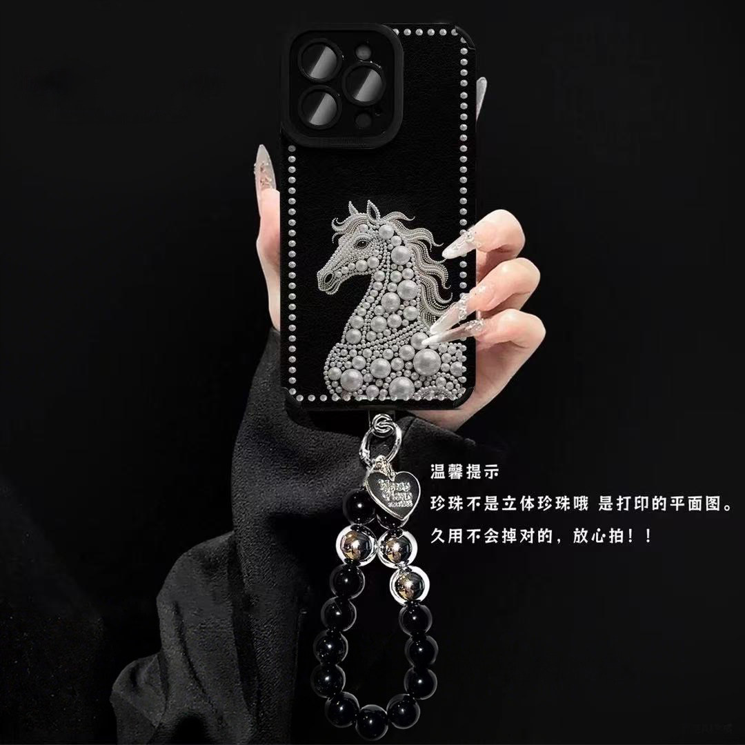 皮质瞳眼珍珠图案白马适用苹果17手机壳iphone16新款pro创意max贴皮13手链女12挂绳14情侣11硅胶全包防摔软壳