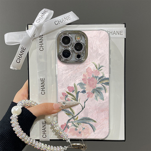 新中式复古粉色桃花适用苹果16promax手机壳iPhone15带镜头膜13新款12羽纱pro少女17挂绳plus14全包防摔x硬壳
