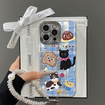 蓝色条纹面包小猫适用苹果16promax手机壳iPhone15带镜头膜13情侣新款12羽纱pro女17挂绳plus14全包防摔x硬壳