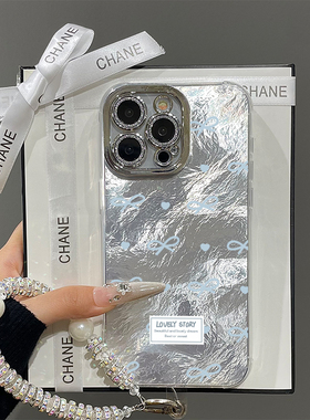 ins高级蓝色蝴蝶结适用苹果16promax手机壳iPhone15带镜头膜13情侣新款12羽纱pro女17挂绳plus14全包防摔硬壳