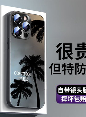 高级感黑色椰树适用苹果15Promax手机壳新男款iPhone14自带镜头膜13简约12时尚个性17创意女液态玻璃plus硬壳