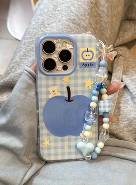 蓝色格子小熊适用苹果16promax手机壳15小众新款14网红13透明plus创意手链iPhone少女简约个性xs情侣防摔硬壳
