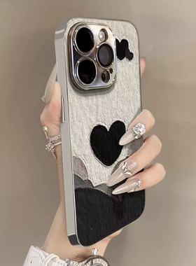 黑色油画爱心适用苹果16promax手机壳iPhone15支架13新款17pro网红x高级plus情侣12电镀银贴皮14女防摔xs硬壳