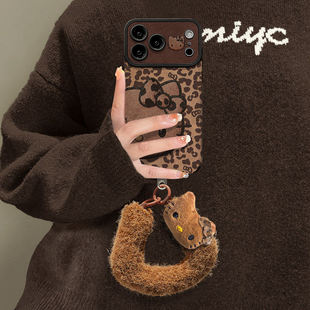 可爱凯蒂豹纹猫适用苹果17promax手机壳新款iPhone16贴皮13创意皮质14简约情侣15好看秋冬12plus全包防摔软壳