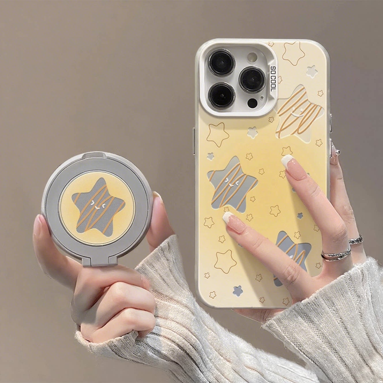 黄色镂空星星适用苹果16promax手机壳iPhone15创意14新款13旋转支架pro可爱情侣12女plus镭射17彩银x防摔硬壳