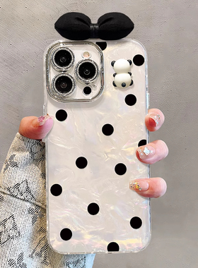 简约黑色波点适用苹果16promax手机壳iPhone15带镜头膜13新款12贝壳纹17熊猫公仔xs小众11少女plus14防摔硬壳