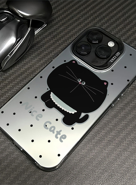 黑色波点大脸猫适用苹果16promax手机壳iPhone15创意14新款13简约网红pro情侣12少女plus镭射17彩银x防摔硬壳