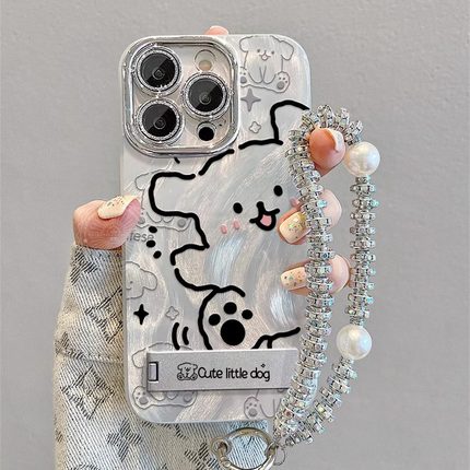 可爱线条小狗适用苹果16promax手机壳iPhone15电镀银带镜头膜13新款支架12羽纱pro女11plus高级感14防摔x硬壳